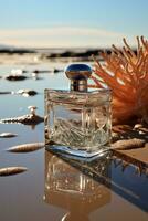 A bottle of perfume with a silver cap mockup Generative AI photo