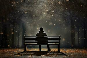 un hombre sentado en banco en el parque a noche hora generativo ai foto