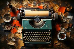 Vintage typewriter and autumn leaves on wooden background. Copy space. AI generative photo