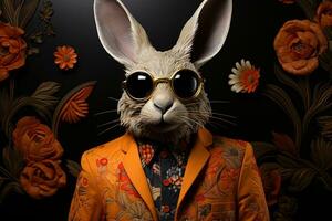 Easter bunny in suit and bow tie with splashes on gradient background. AI generative photo