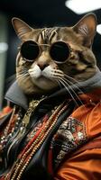 de moda Bengala gato vistiendo elegante Gafas de sol y cuero chaqueta. ai generativo foto