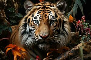 Beautiful tiger face with flowers and leaves on black background. AI generative photo