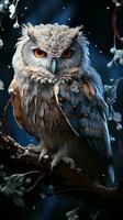 Snowy owl sitting on a branch in the forest. AI generative photo