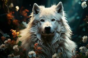 Portrait of a white wolf. Wolf in the whimsical forest. AI generative photo