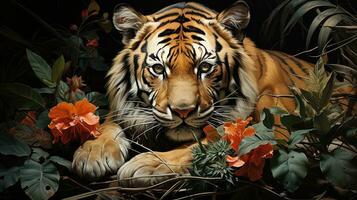 Beautiful tiger with flowers in the jungle. 3Digital painting of a wild animal. AI generative photo