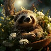 Cute sloth on the background of flowers in the meadow. AI generative photo