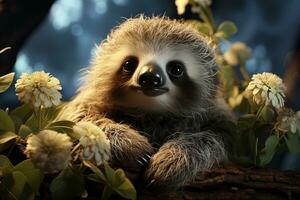 Cute sloth on the background of flowers in the meadow. AI generative photo