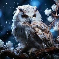 Snowy owl sitting on a branch in the forest. AI generative photo