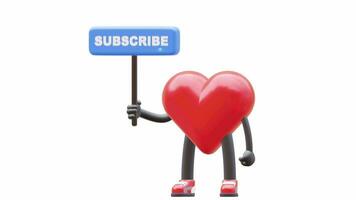 3D heart character holding a subscribe sign video