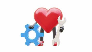 3D heart character holding a gear and wrench. video