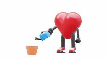 3D heart character with pot watering money plant. video