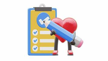 3D heart character holding a pencil while checking a report checklist video