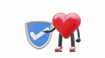 3D heart character with a shield marked with a check mark video