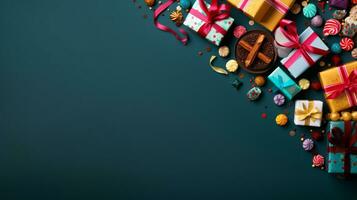 New Year banner with Christmas gift boxes and decorations with copy space.. ai generative photo