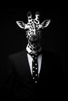 Portrait of a giraffe in a suit and tie on a black background. anthropomorphic giraffe.AI generative photo