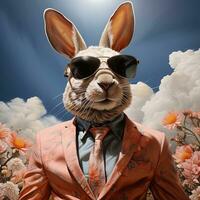 Easter bunny with bow tie and sunglasses on abstract colorful background. AI generative photo