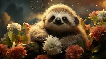 Cute sloth on the background of flowers in the meadow. AI generative photo