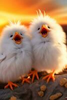 Cute chickens with orange eyes on a background of sunset. AI generative photo