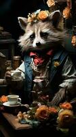Panda in the night. Red panda wearing suit and hat sits in a vintage room. AI generative photo