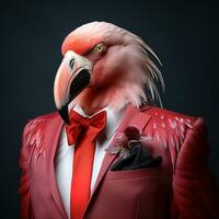 Flamingo in a pink suit and tie on a dark background. anthropomorphic flamingo. AI generative photo