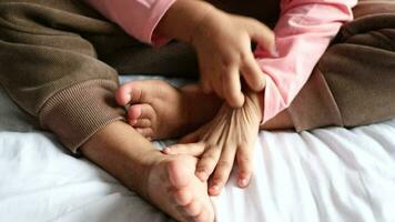 child girl suffering from itching skin, close up. video