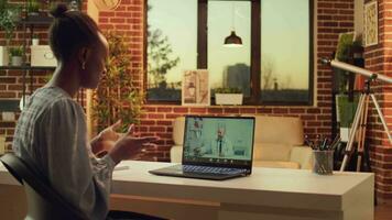 Person using telemedicine videocall with doctor asking for medical counselling and advice from home desk. Woman meeting with medic on telehealth conference to do checkup, medical service. video