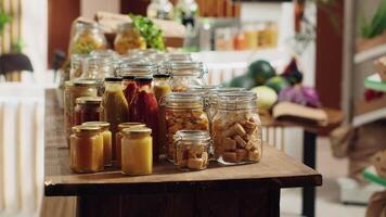 Bulk products in recyclable glass containers used by zero waste supermarket eliminating all single use plastics from its operations. Local store pantry staples in sustainable packaging video