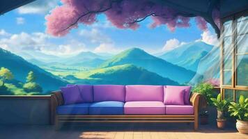 Ai generative, a purple couch and a window overlooking the mountains video