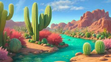 ai generativo, il deserto paesaggio con cactus impianti e acqua video