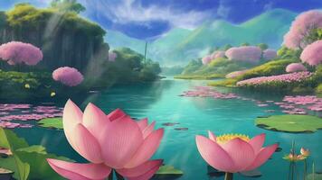 Ai generative, the lotus flowers are blooming in the river, and the water is clear and beautiful video