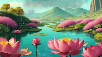 Ai generative, the lotus flowers are blooming in the river, and the water is clear and beautiful video