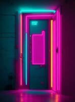 3d representación de un cerrado puerta en un brillante habitación con neón luces foto