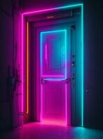 3d representación de un cerrado puerta en un brillante habitación con neón luces foto