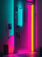 3d representación de un cerrado puerta en un brillante habitación con neón luces foto