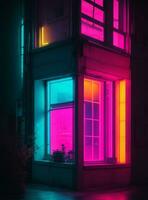 Glowing neon door in a dark window. 3D Rendering photo
