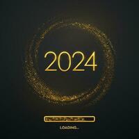 Happy New 2024 Year. Golden metallic luxury numbers 2024 with loading bar on shimmering background. Bursting backdrop with glitters. Greeting card, festive poster or banner. Vector illustration.