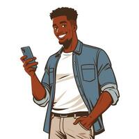 Character holding smartphone. People use mobile phones, chat, surf the internet. vector