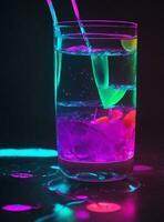 Colorful ice cube splashing into a glass of water in neon light photo