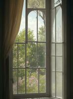 Clásico de madera ventana con verde jardín en el fondo, retro tonificado foto