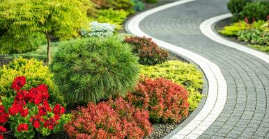 Elegant Winding Concrete Bricks Made Back Yard Garden Pathway photo