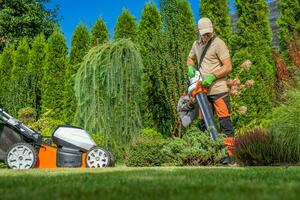 Backyard Owner with a Garden Vacuum Cleaning His Yard photo