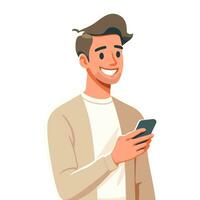 Character holding smartphone. People use mobile phones, chat, surf the internet. vector