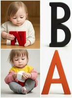 Collage of cute little boy with ABC letters. Education concept. photo