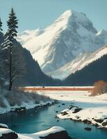 landscape with river, mountains and snow illustration photo