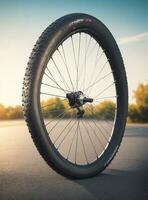 a bicycle tire on the road with a sun in the background photo