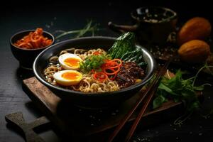 Ramen on dark background. Japanese traditional soup. Generative AI photo