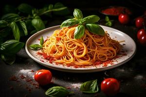 Italian pasta. Spaghetti bolognese on dark background. Generative AI photo