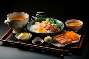 Japanese breakfast with rice and fish. Generative AI photo