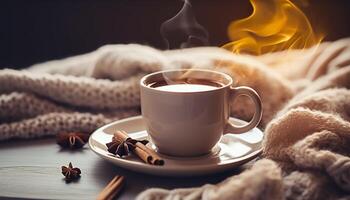 taza de humeante té café, de punto frazada, y canela anís. generativo ai foto