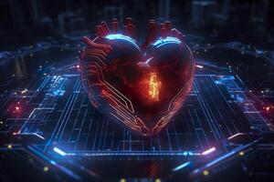 A GUI hologram of a futuristic human heart, holographic sci-fi interface, data lines, scales, and charts, cinematic, AI Generative photo